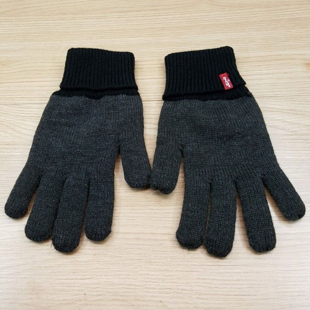 LEVI’S Gloves Mens One Size Grey Black Knit Cuffed Cold Weather Acrylic